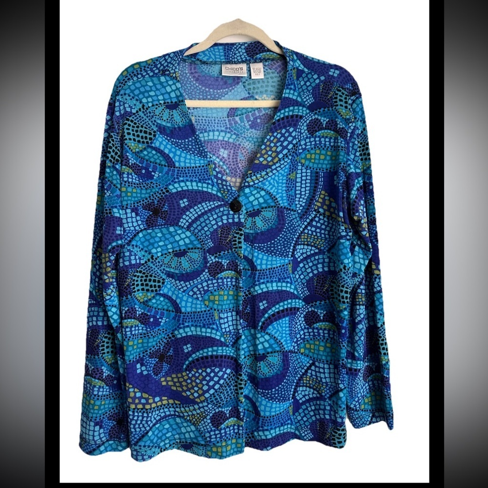 CHICOS Travelers Blue Geometric Pattern One Button Cardigan Sz 16